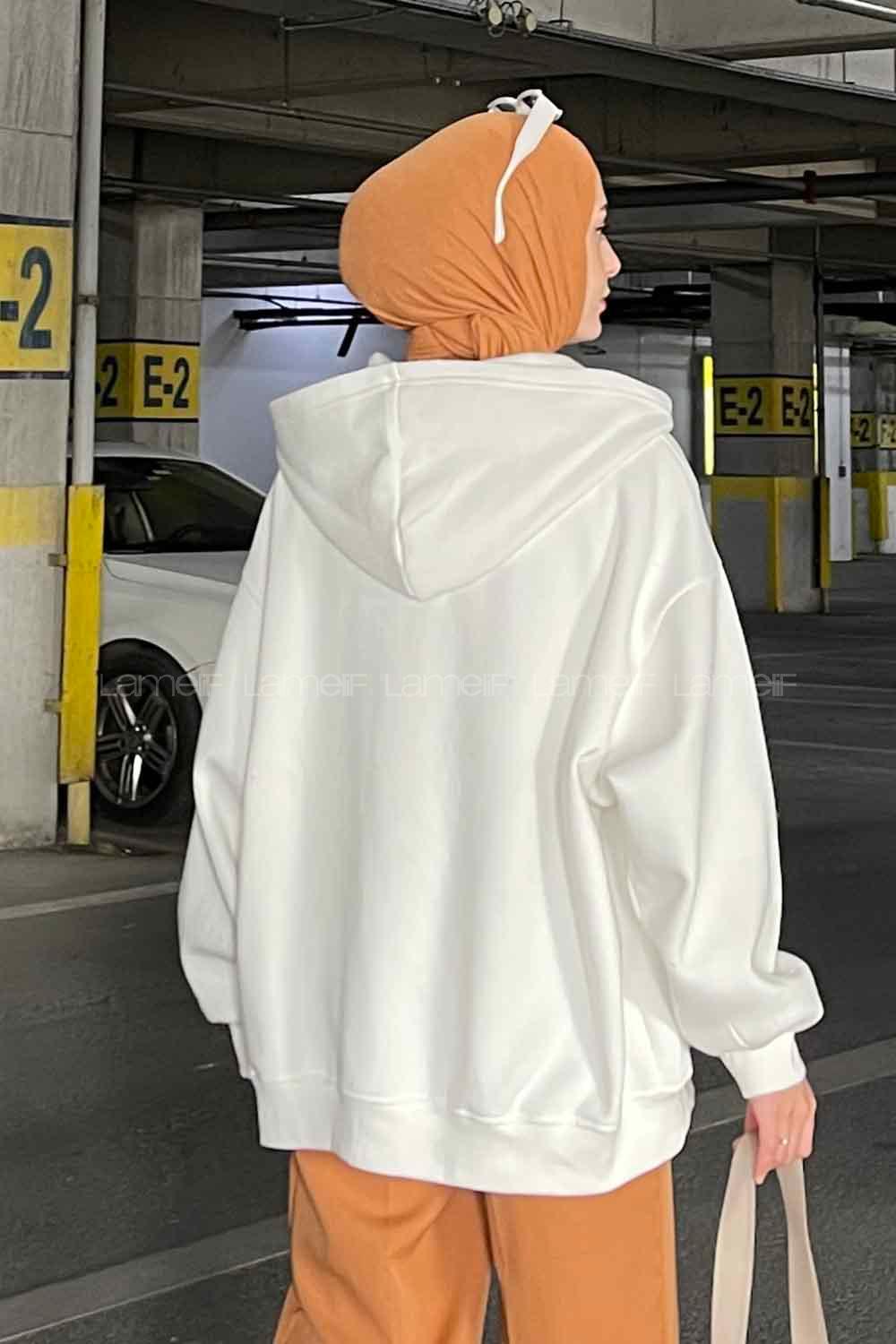 Lamelif Ön Fermuarlı Düz Sweatshirt Beyaz