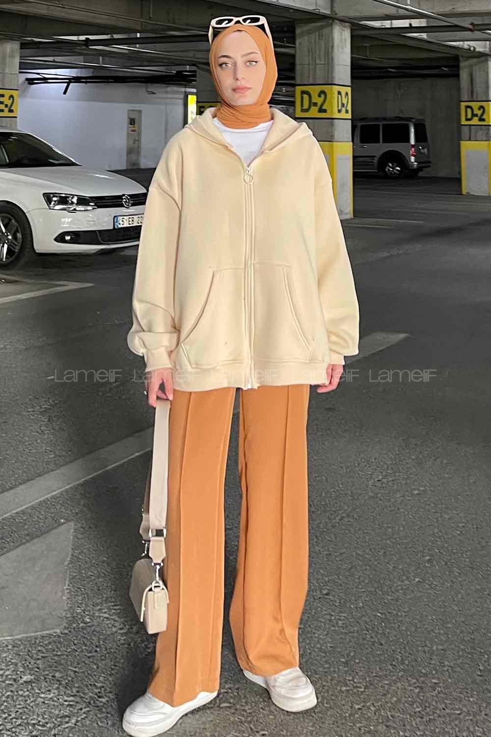 Lamelif Ön Fermuarlı Düz Sweatshirt Krem