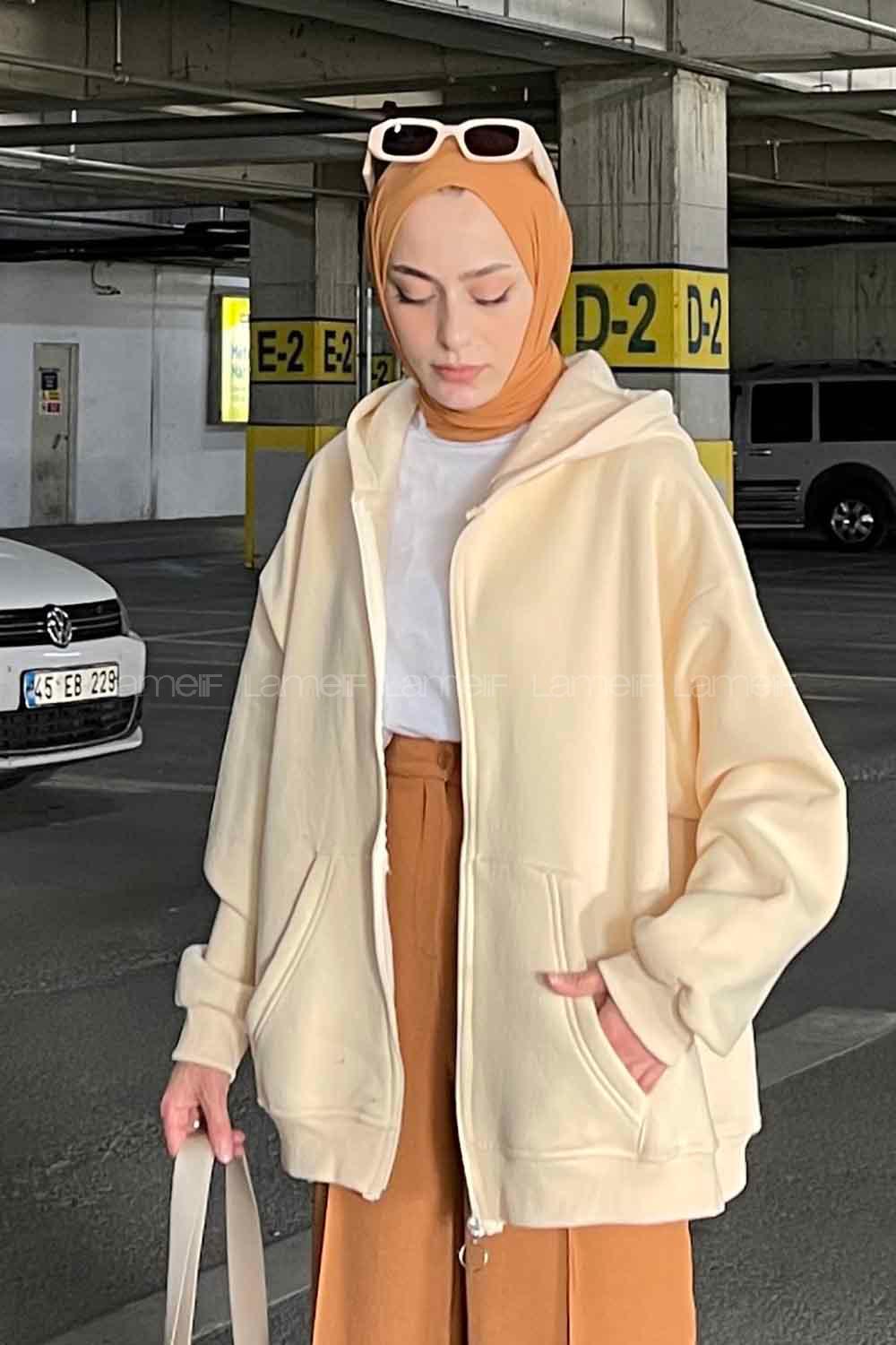 Lamelif Ön Fermuarlı Düz Sweatshirt Krem