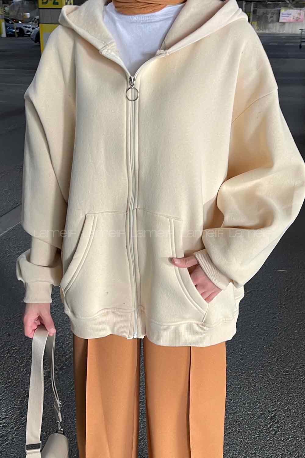 Lamelif Ön Fermuarlı Düz Sweatshirt Krem