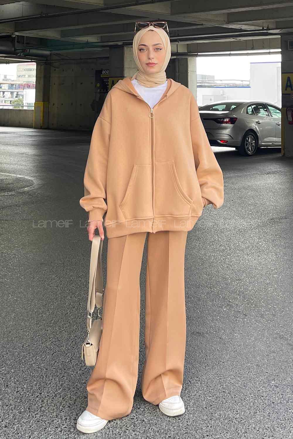 Lamelif Ön Fermuarlı Düz Sweatshirt Sütlü Kahve