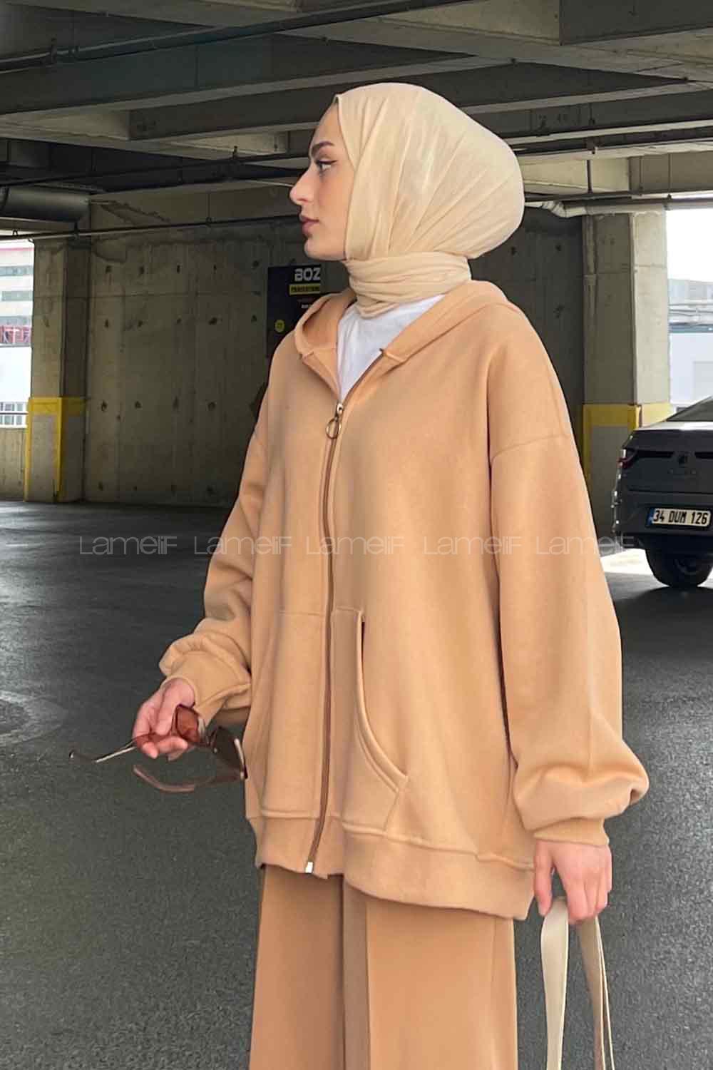 Lamelif Ön Fermuarlı Düz Sweatshirt Sütlü Kahve