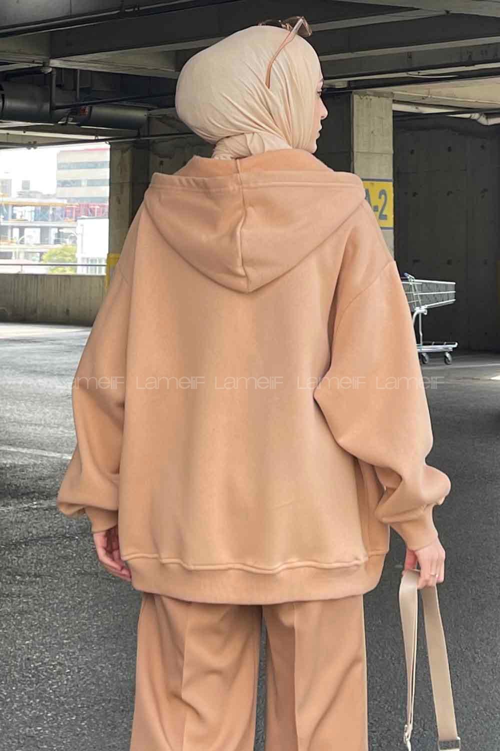 Lamelif Ön Fermuarlı Düz Sweatshirt Sütlü Kahve