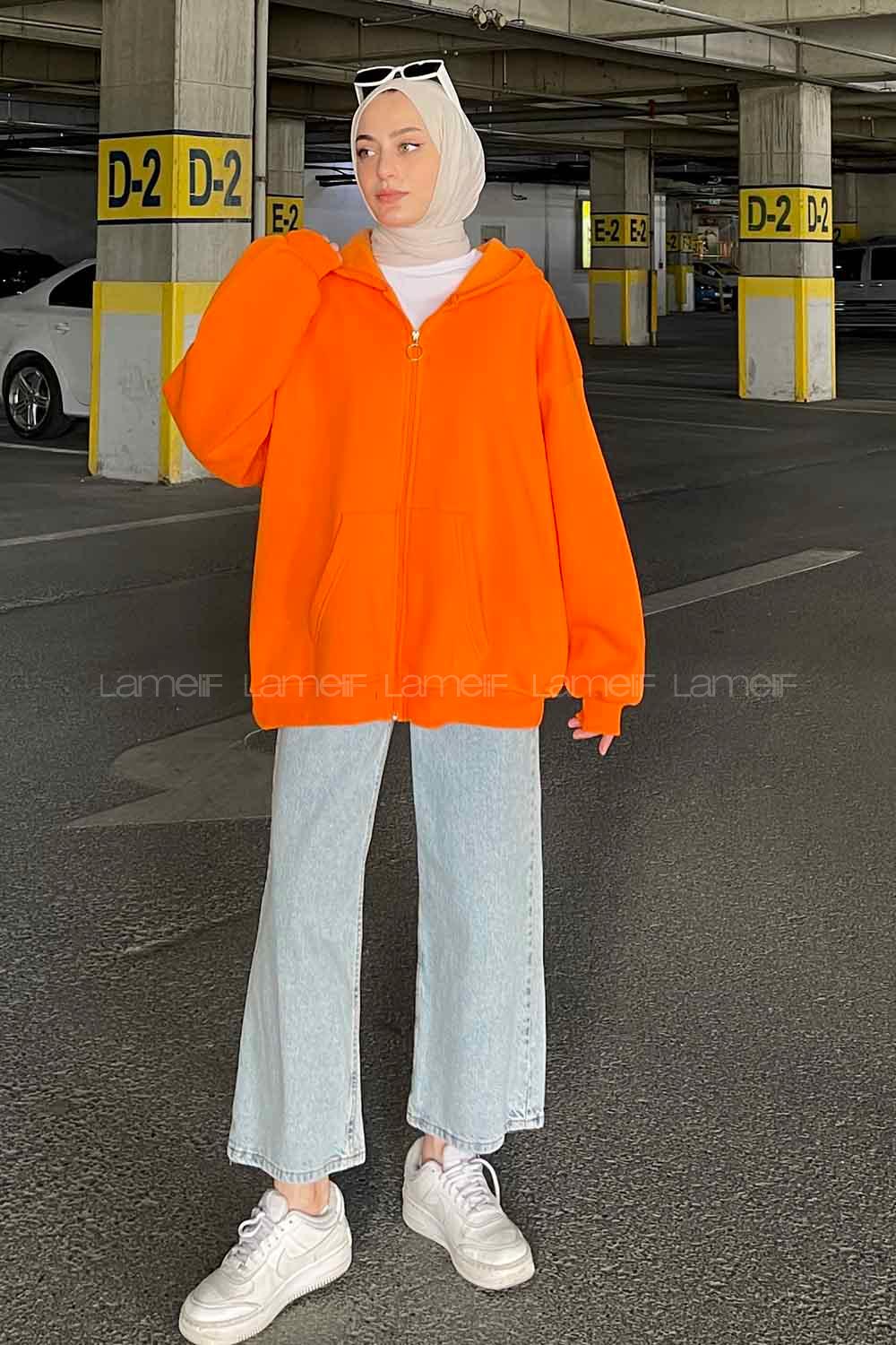 Lamelif Ön Fermuarlı Düz Sweatshirt Turuncu