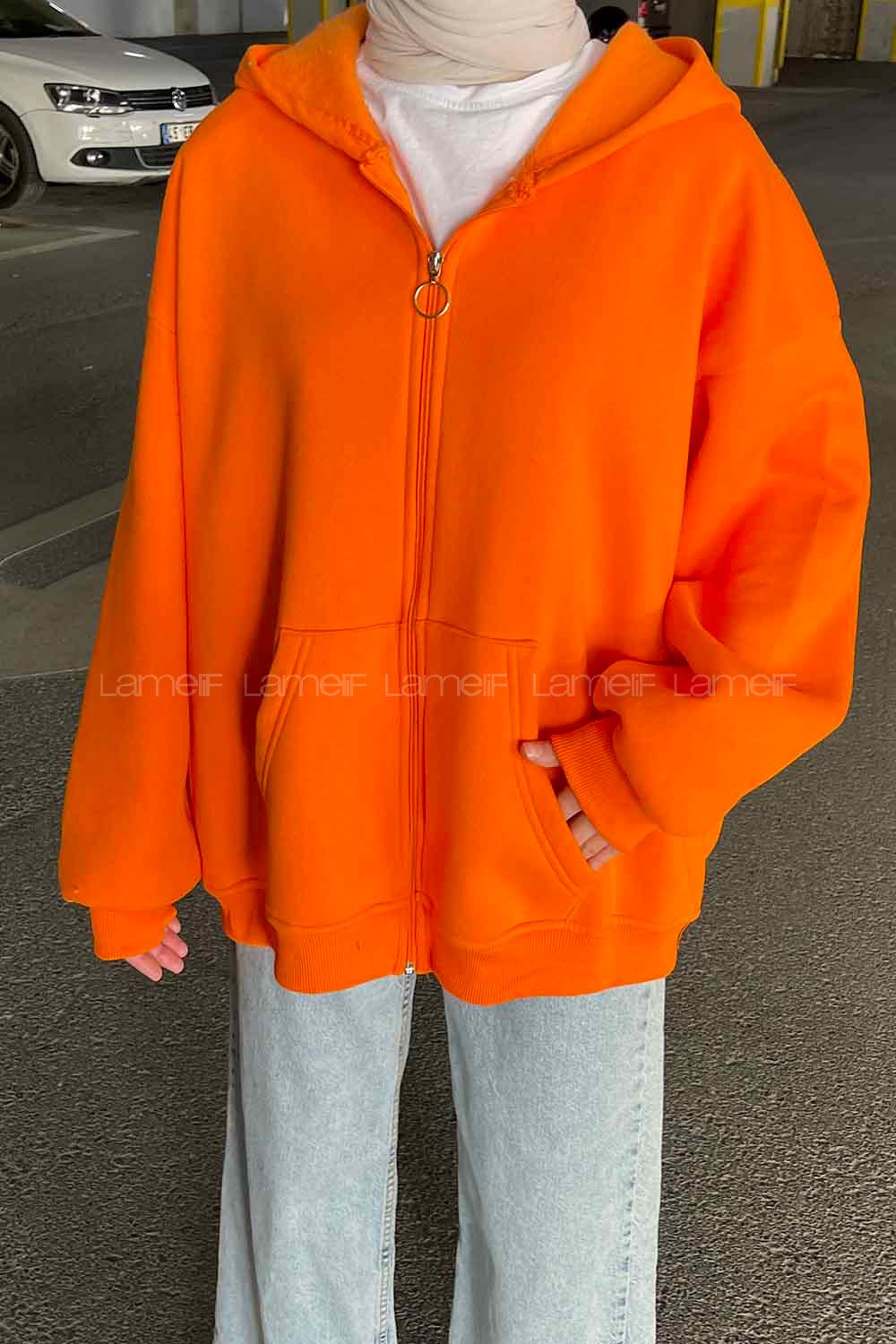 Lamelif Ön Fermuarlı Düz Sweatshirt Turuncu