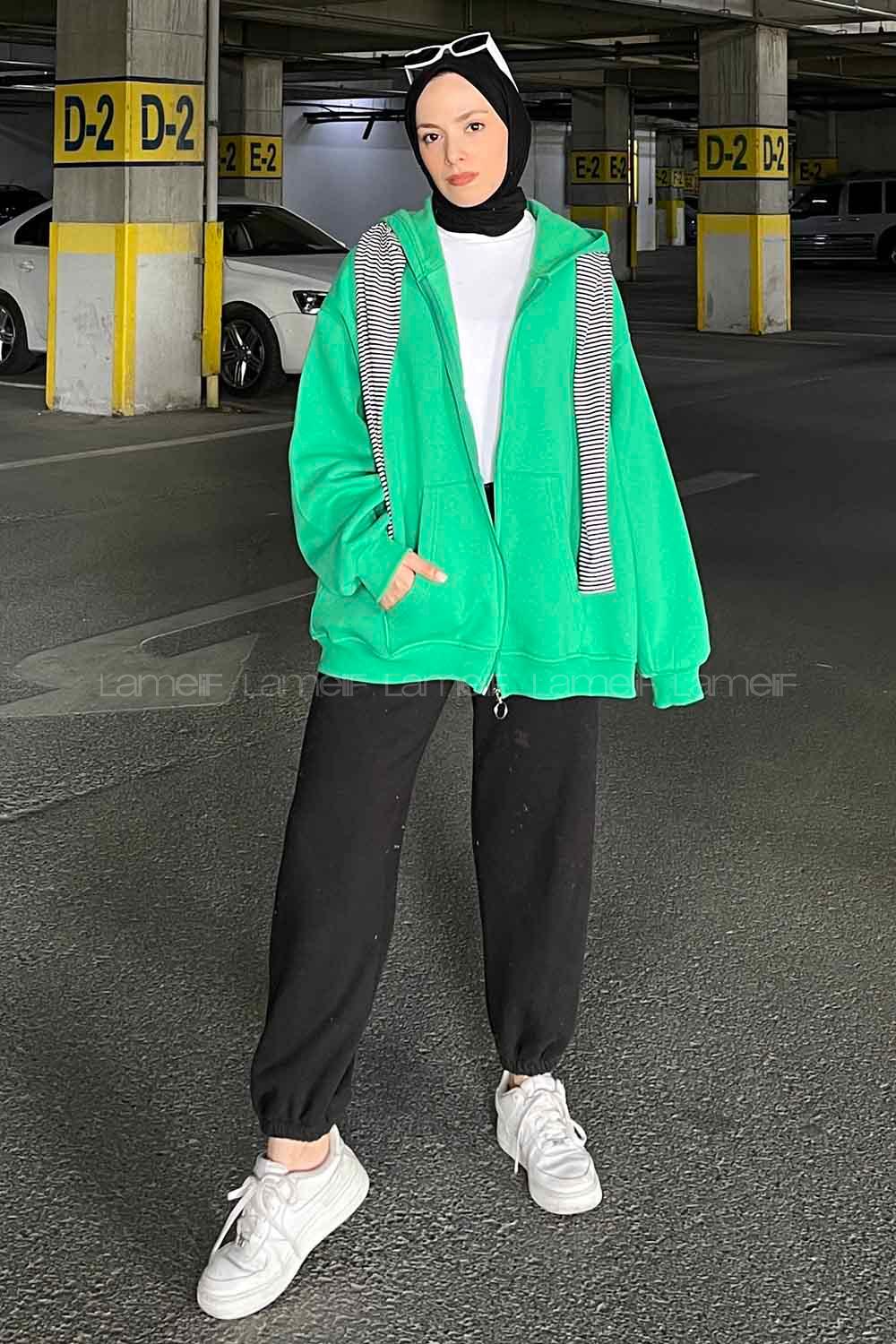 Lamelif Ön Fermuarlı Düz Sweatshirt Yeşil