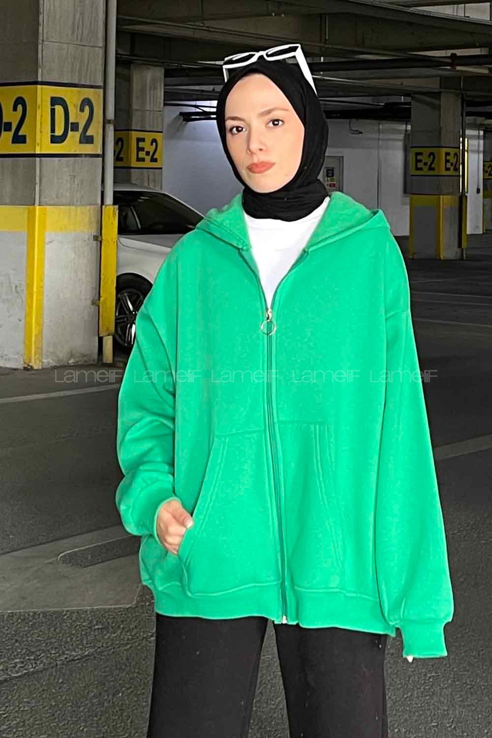 Lamelif Ön Fermuarlı Düz Sweatshirt Yeşil