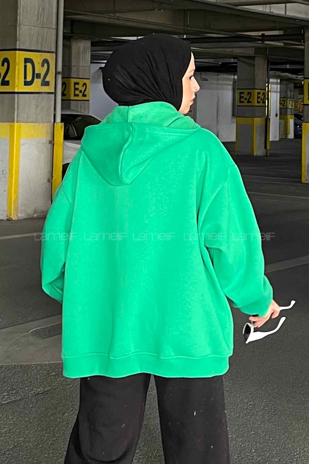 Lamelif Ön Fermuarlı Düz Sweatshirt Yeşil