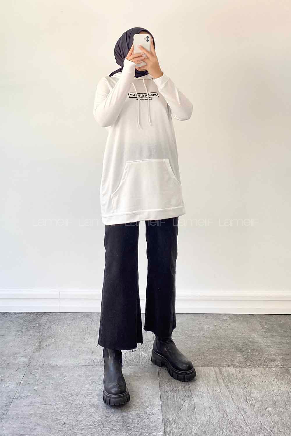 White Hood Neck Long Arm Printed Sweatshirt