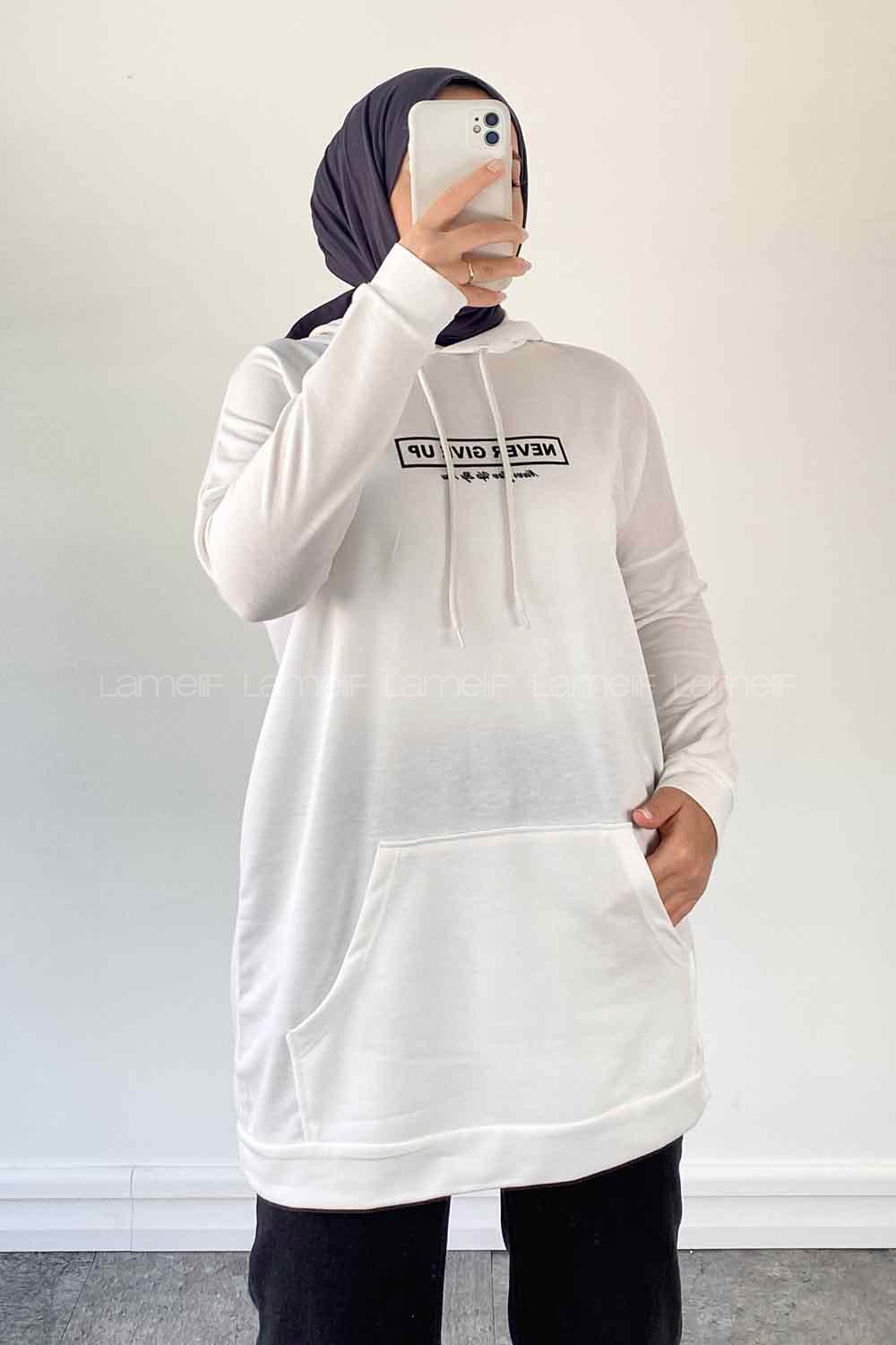 White Hood Neck Long Arm Printed Sweatshirt