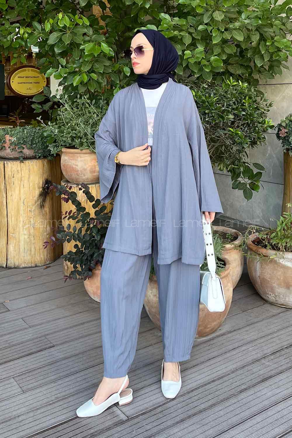 Lamelif Kimono İkili Tesettür Takım Füme