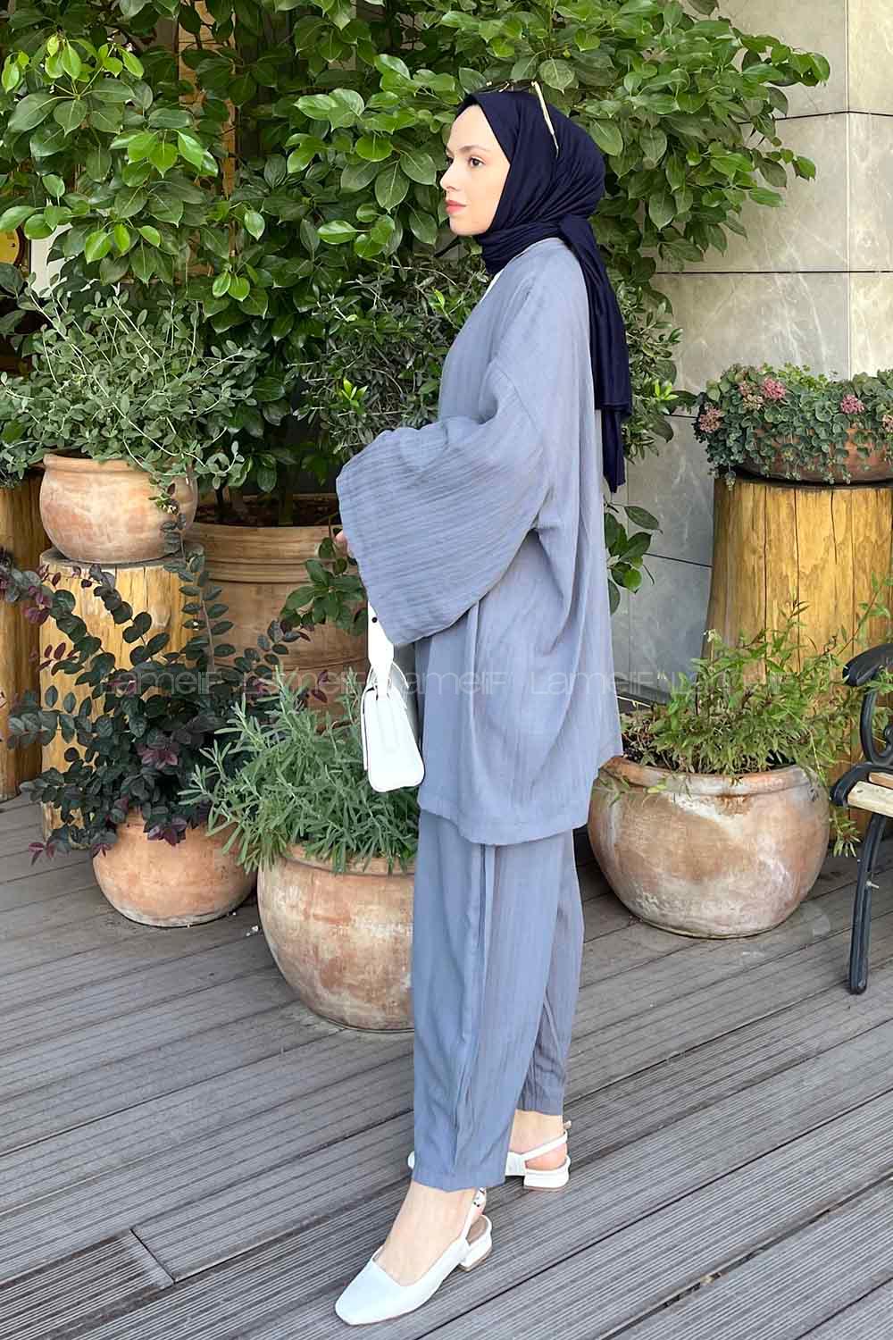Lamelif Kimono İkili Tesettür Takım Füme