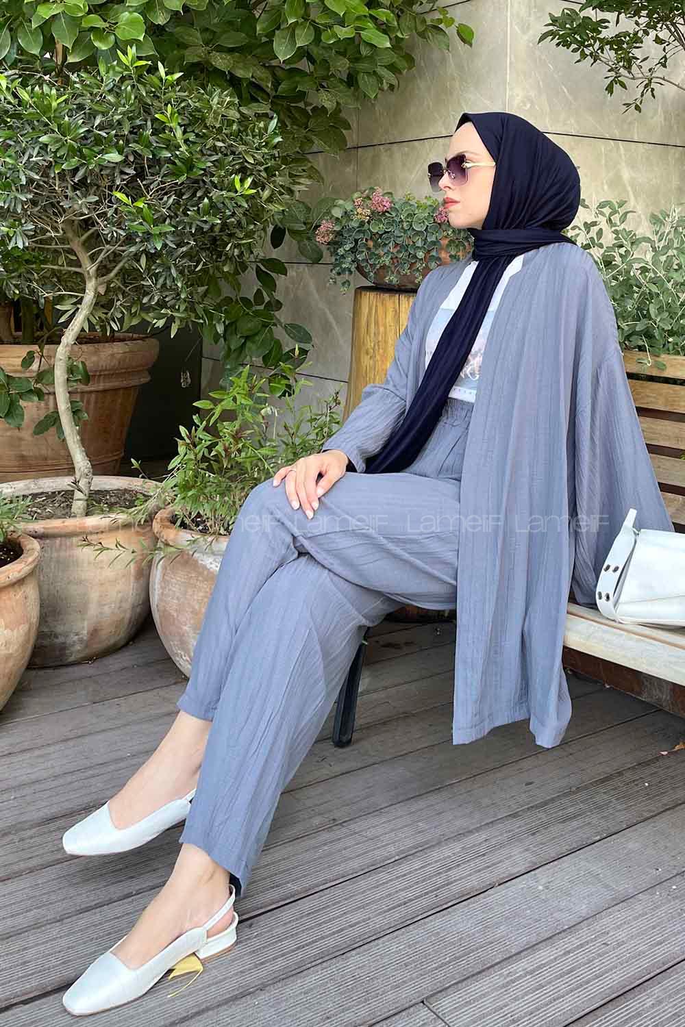 Lamelif Kimono İkili Tesettür Takım Füme
