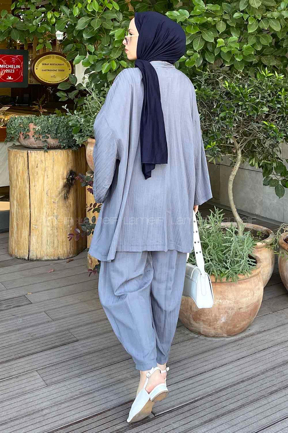 Lamelif Kimono İkili Tesettür Takım Füme