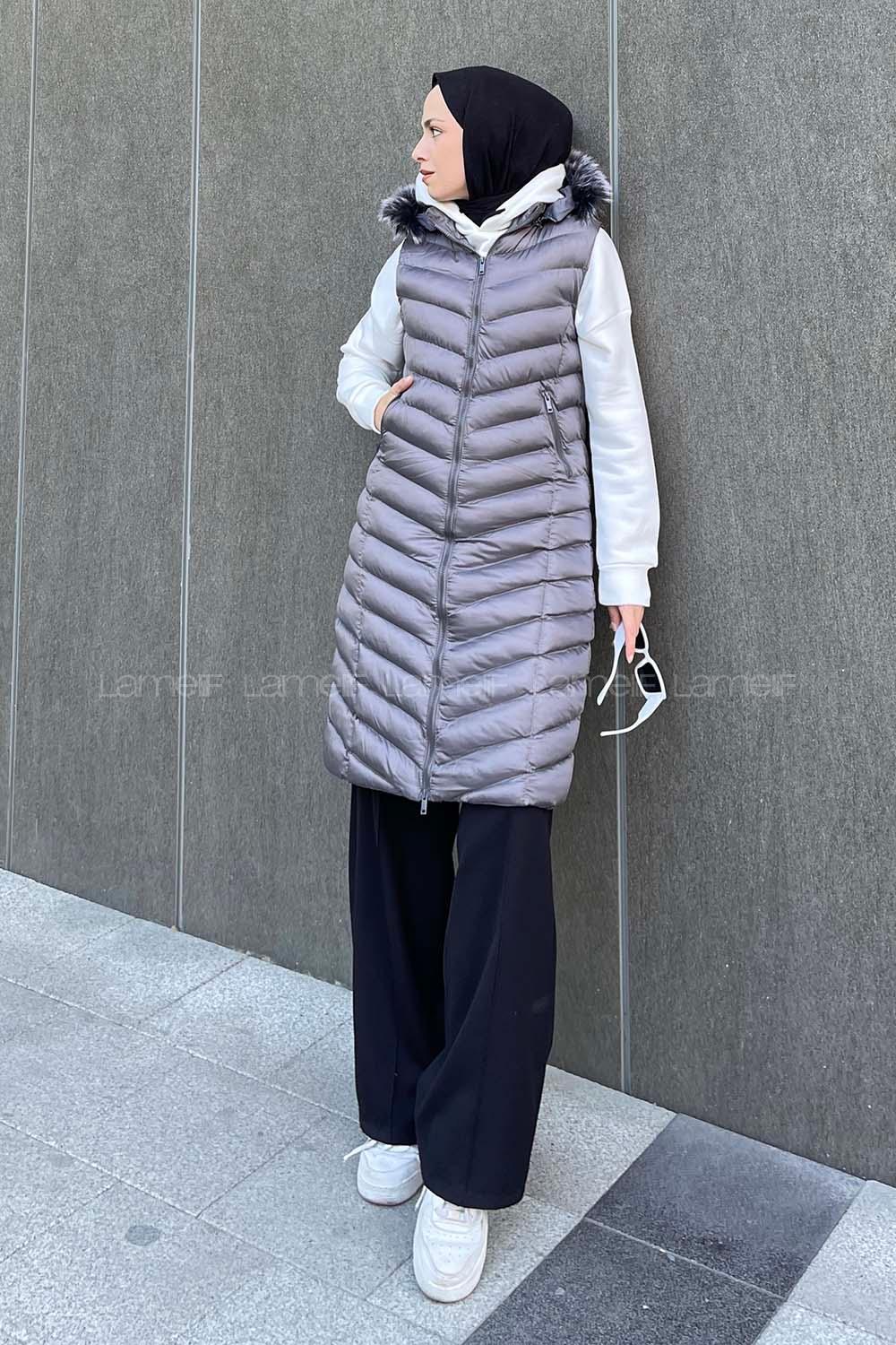 Modalamelif Önü Fermuarlı Kapüşonlu Çift Cepli Şişme Mont Yelek Gri