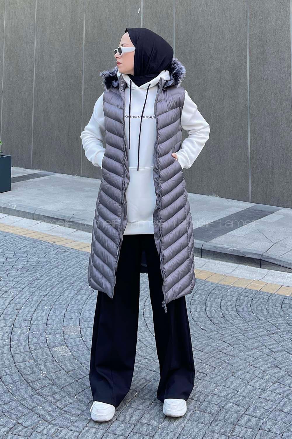 Modalamelif Önü Fermuarlı Kapüşonlu Çift Cepli Şişme Mont Yelek Gri