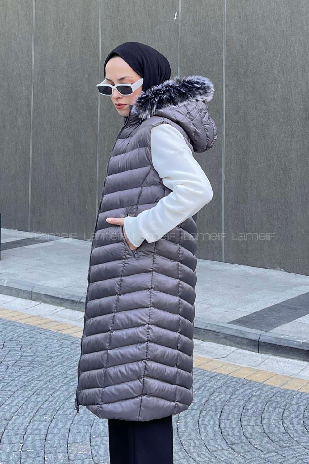 Modalamelif Önü Fermuarlı Kapüşonlu Çift Cepli Şişme Mont Yelek Gri