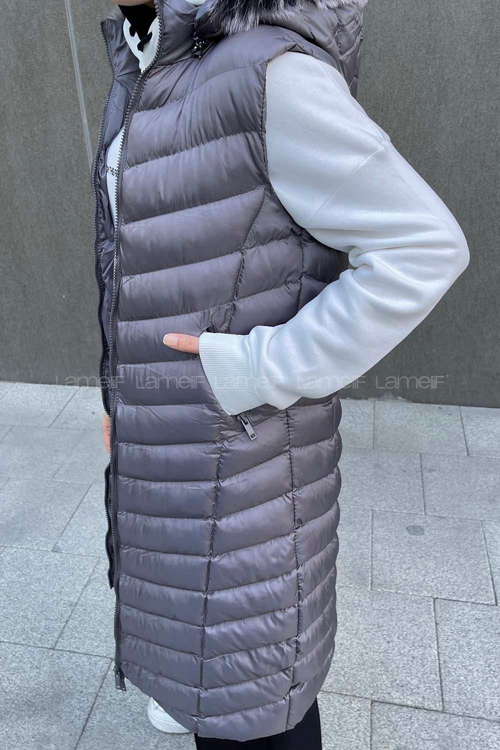 Modalamelif Önü Fermuarlı Kapüşonlu Çift Cepli Şişme Mont Yelek Gri