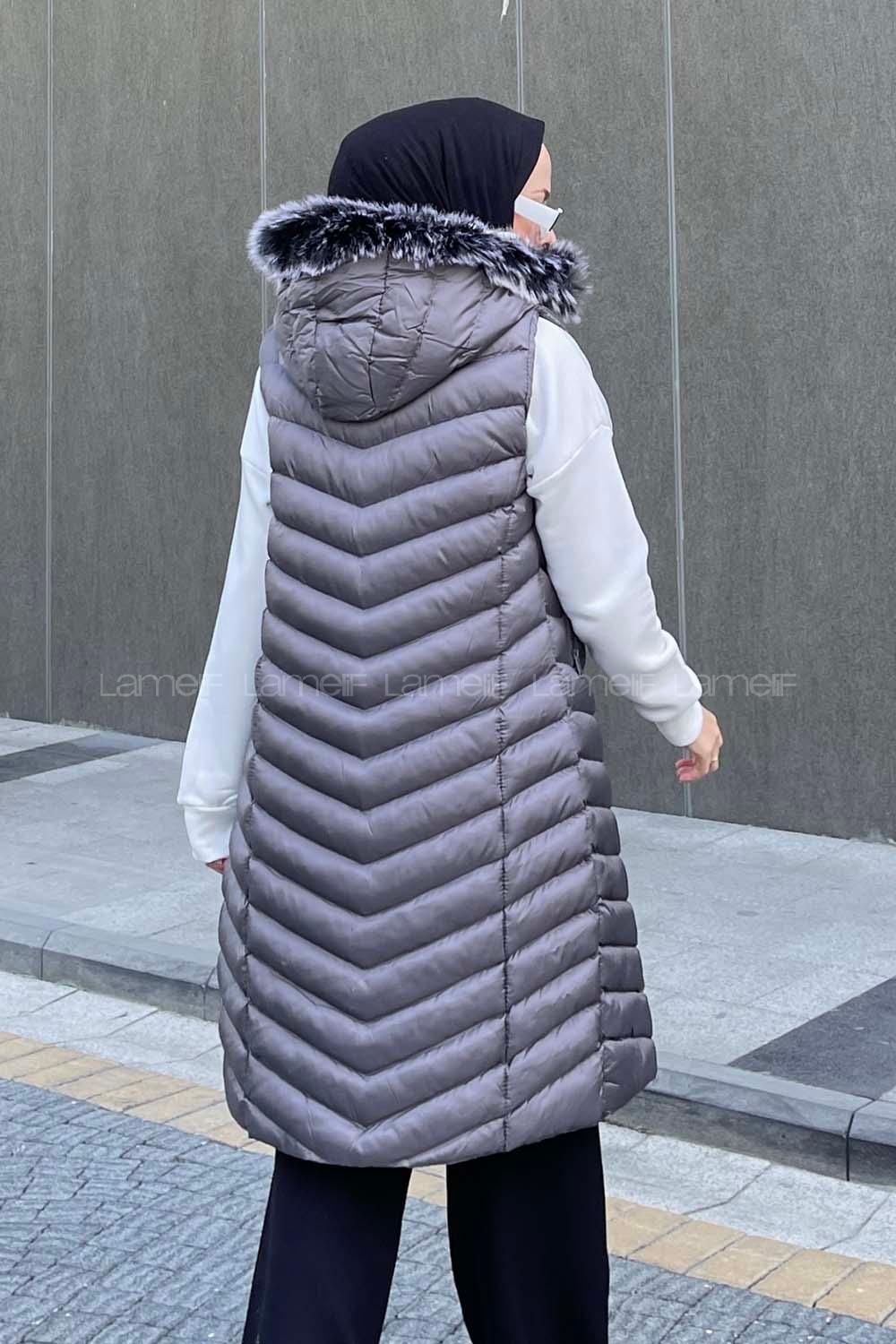 Modalamelif Önü Fermuarlı Kapüşonlu Çift Cepli Şişme Mont Yelek Gri