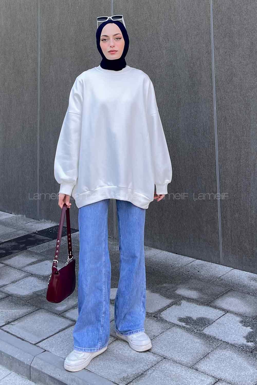 Lamelif Jasmin Bisiklet Yaka Oversize Sweat Beyaz