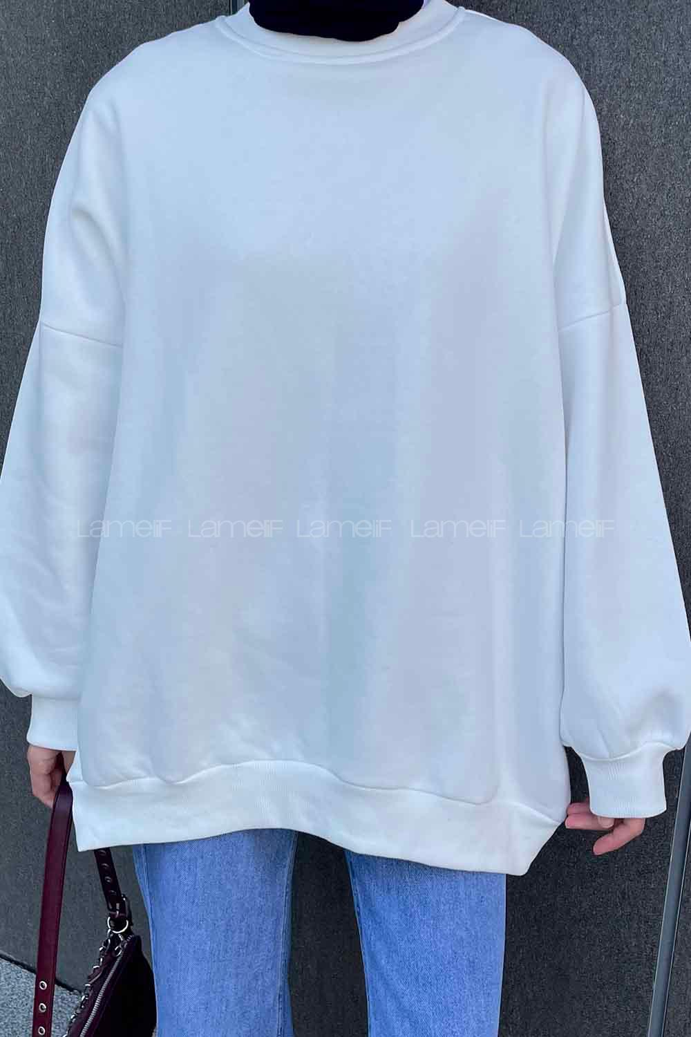 Lamelif Jasmin Bisiklet Yaka Oversize Sweat Beyaz