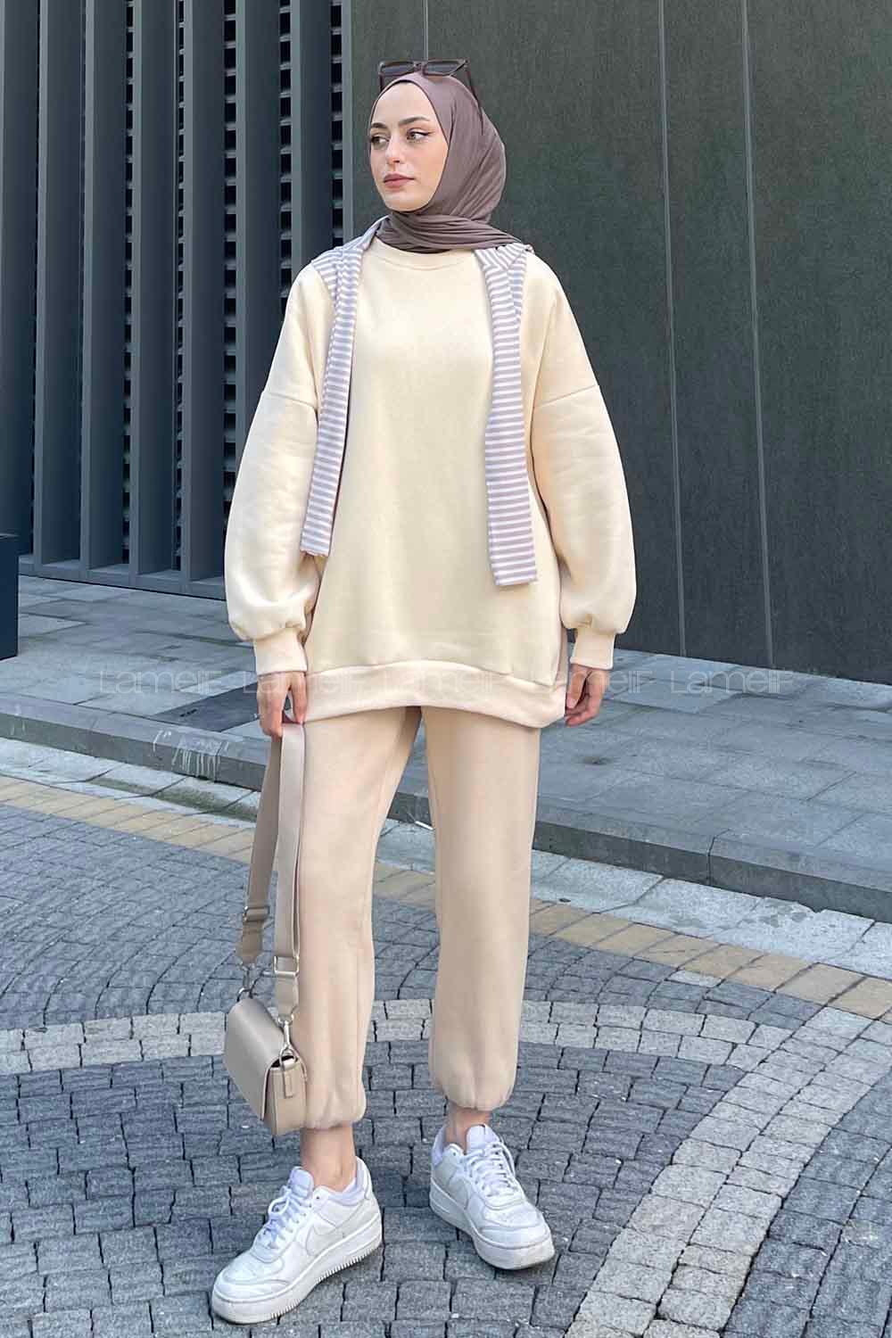 Lamelif Jasmin Bisiklet Yaka Oversize Sweat Krem