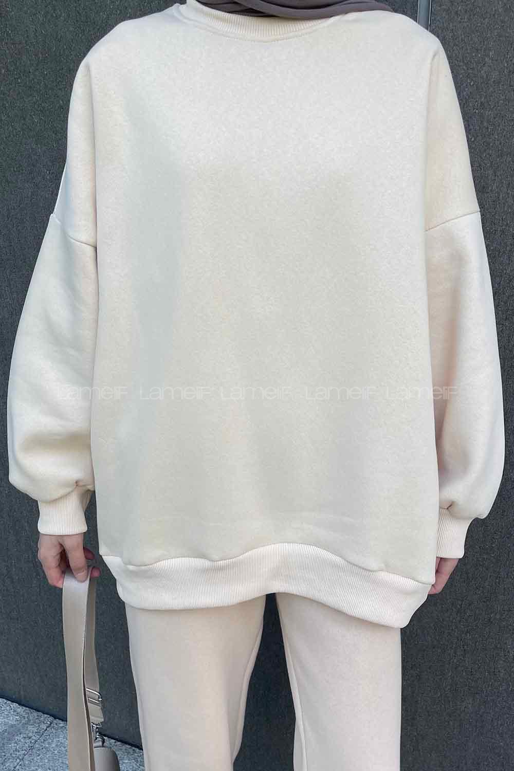 Lamelif Jasmin Bisiklet Yaka Oversize Sweat Krem