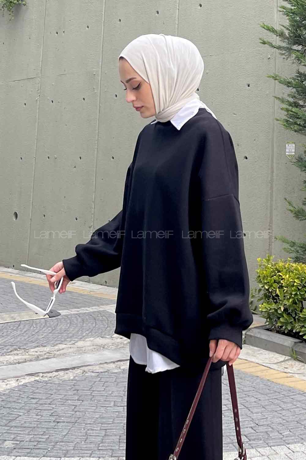 Lamelif Jasmin Bisiklet Yaka Oversize Sweat Siyah