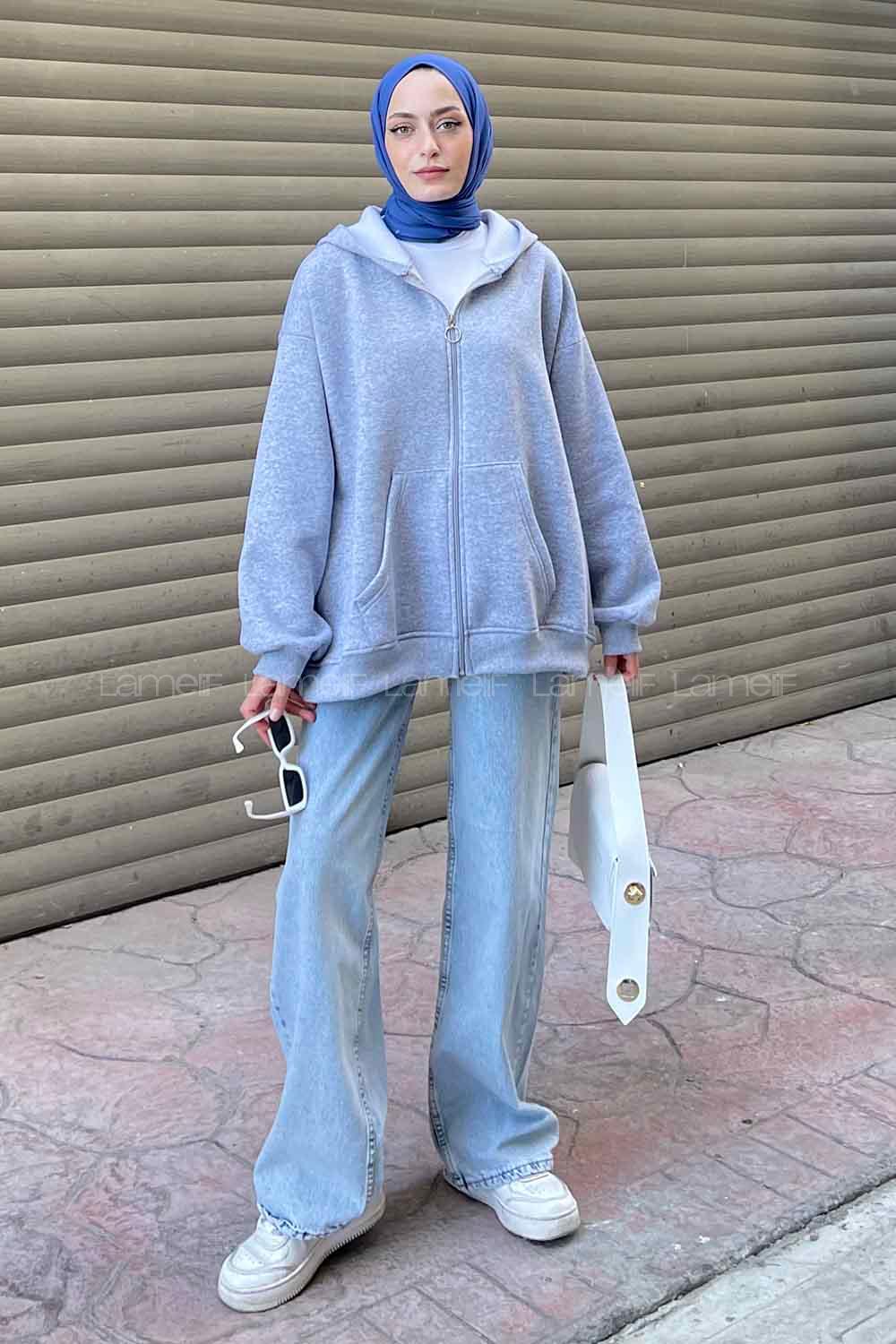 Lamelif Ön Fermuarlı Düz Sweatshirt Gri