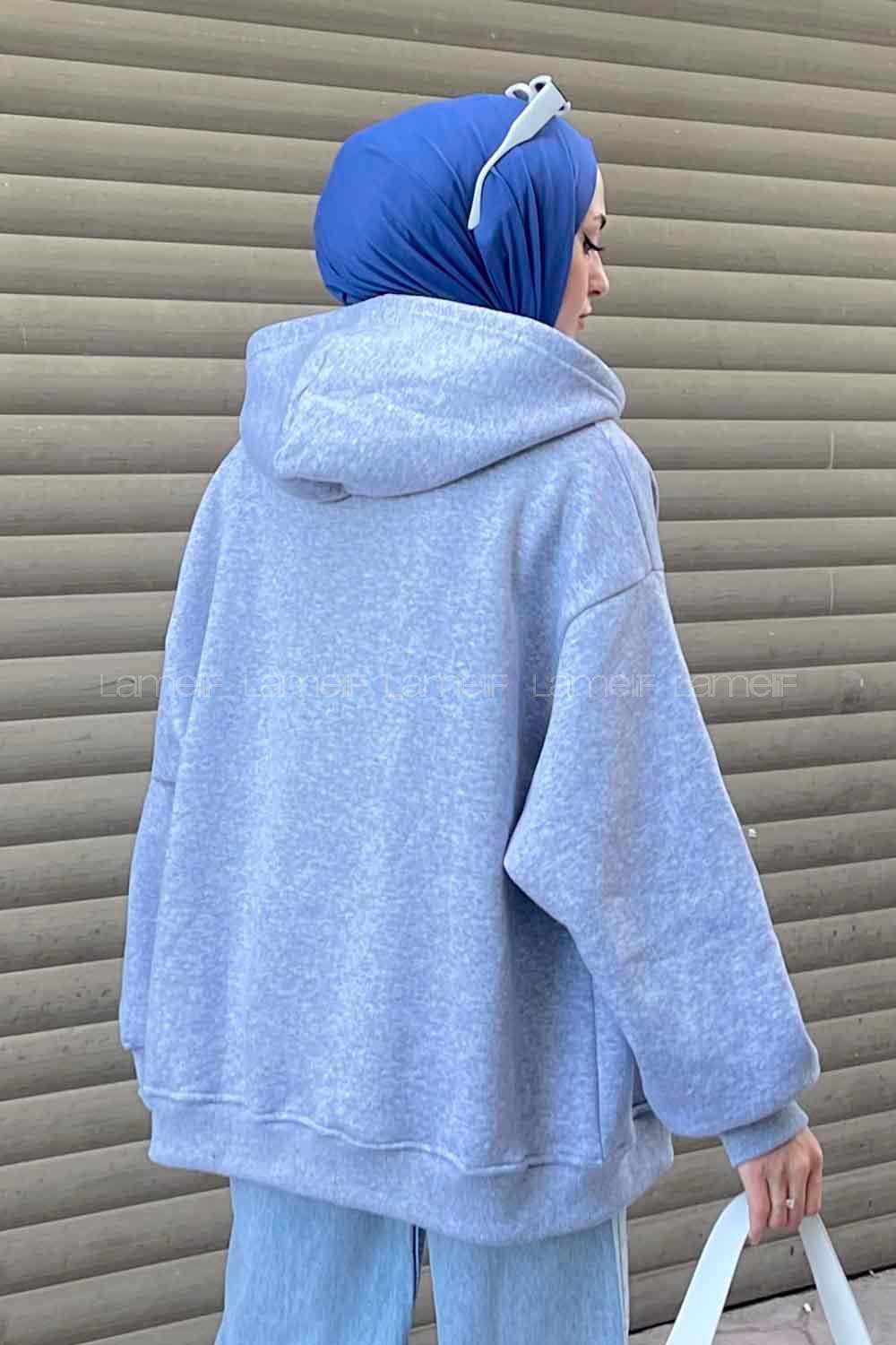 Lamelif Ön Fermuarlı Düz Sweatshirt Gri