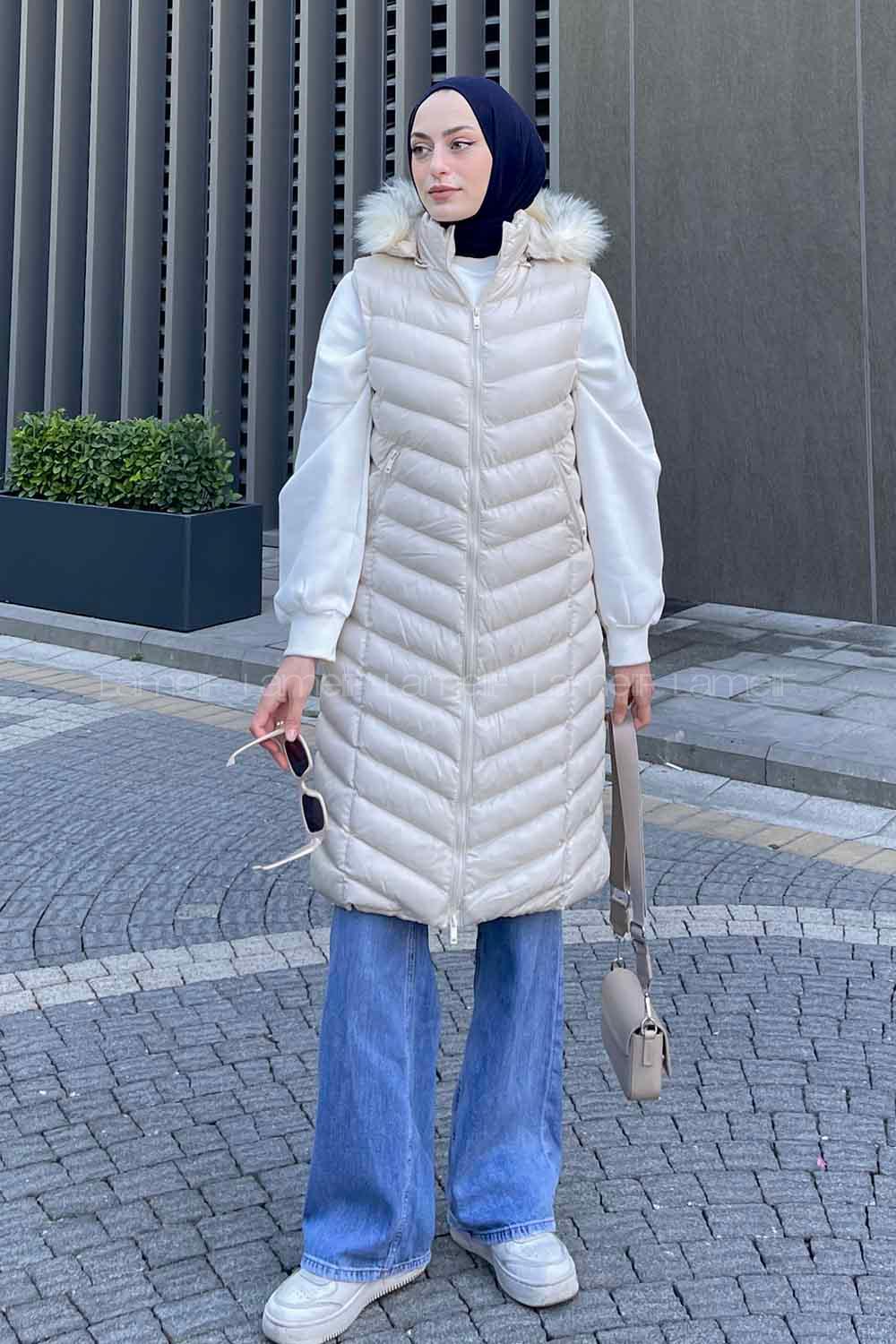 Modalamelif Önü Fermuarlı Kapüşonlu Çift Cepli Şişme Mont Yelek Taş