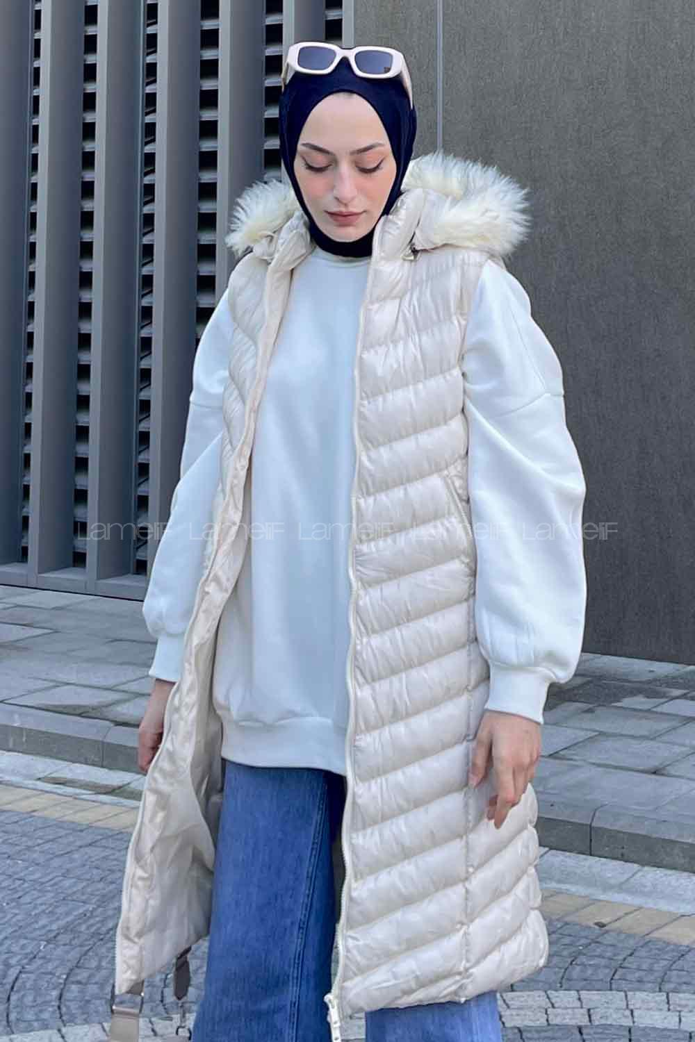 Modalamelif Önü Fermuarlı Kapüşonlu Çift Cepli Şişme Mont Yelek Taş