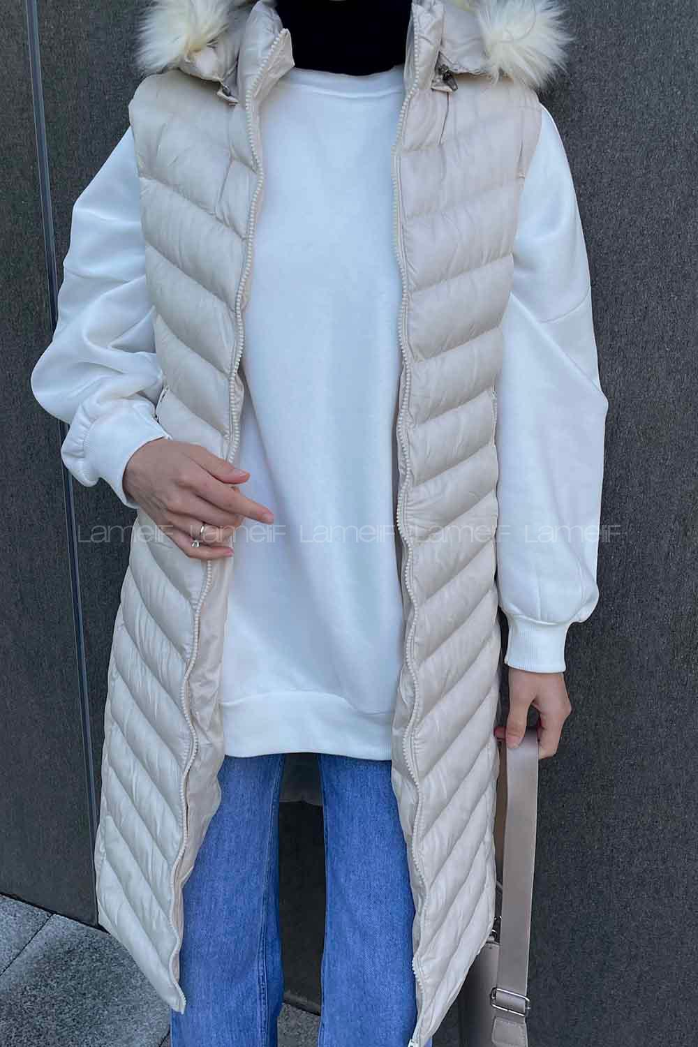 Modalamelif Önü Fermuarlı Kapüşonlu Çift Cepli Şişme Mont Yelek Taş