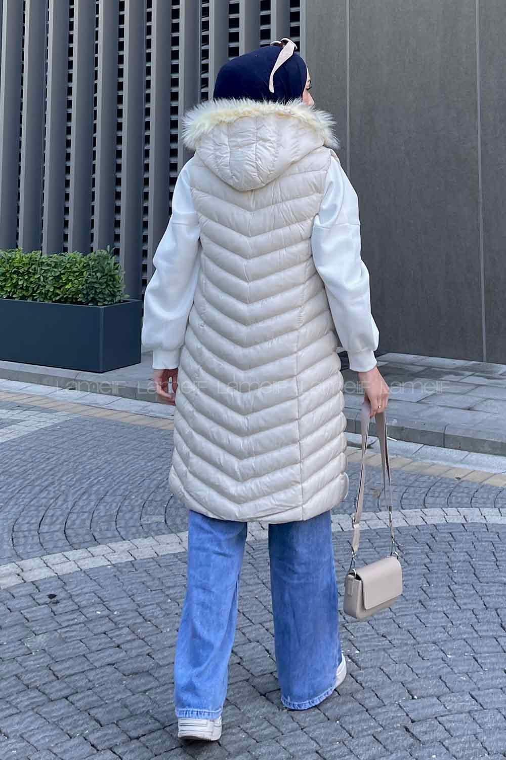 Modalamelif Önü Fermuarlı Kapüşonlu Çift Cepli Şişme Mont Yelek Taş