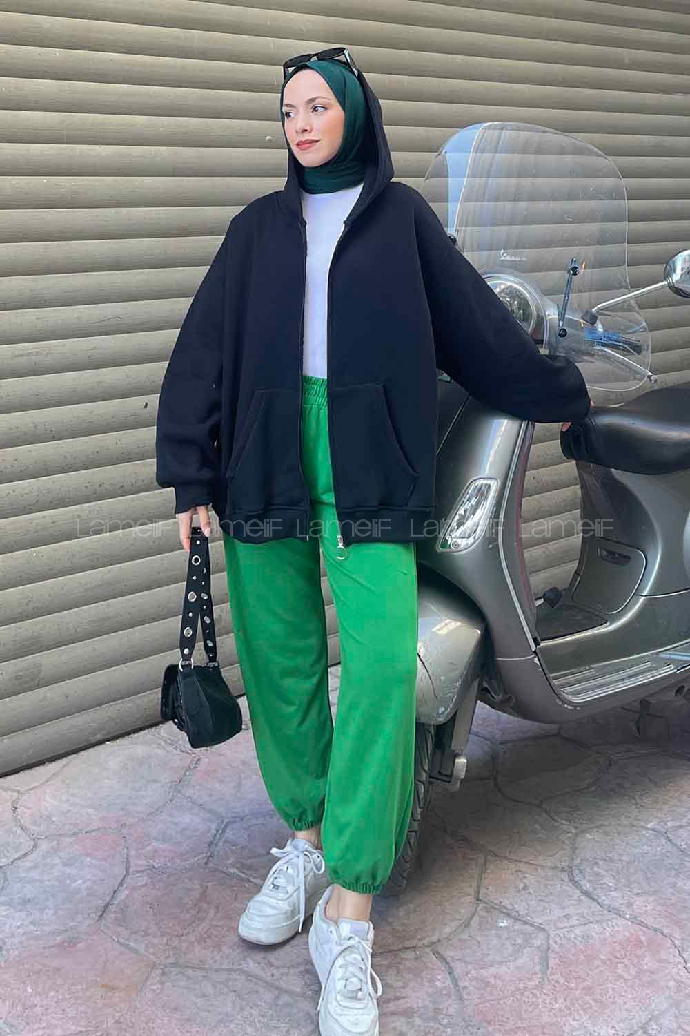 Lamelif Ön Fermuarlı Düz Sweatshirt Siyah