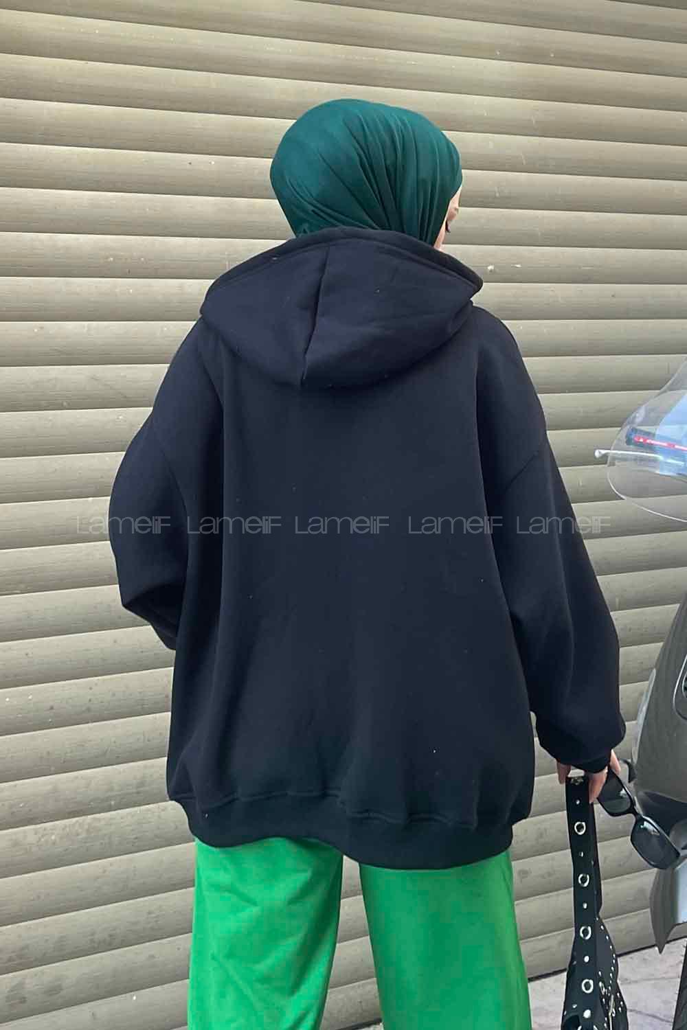Lamelif Ön Fermuarlı Düz Sweatshirt Siyah