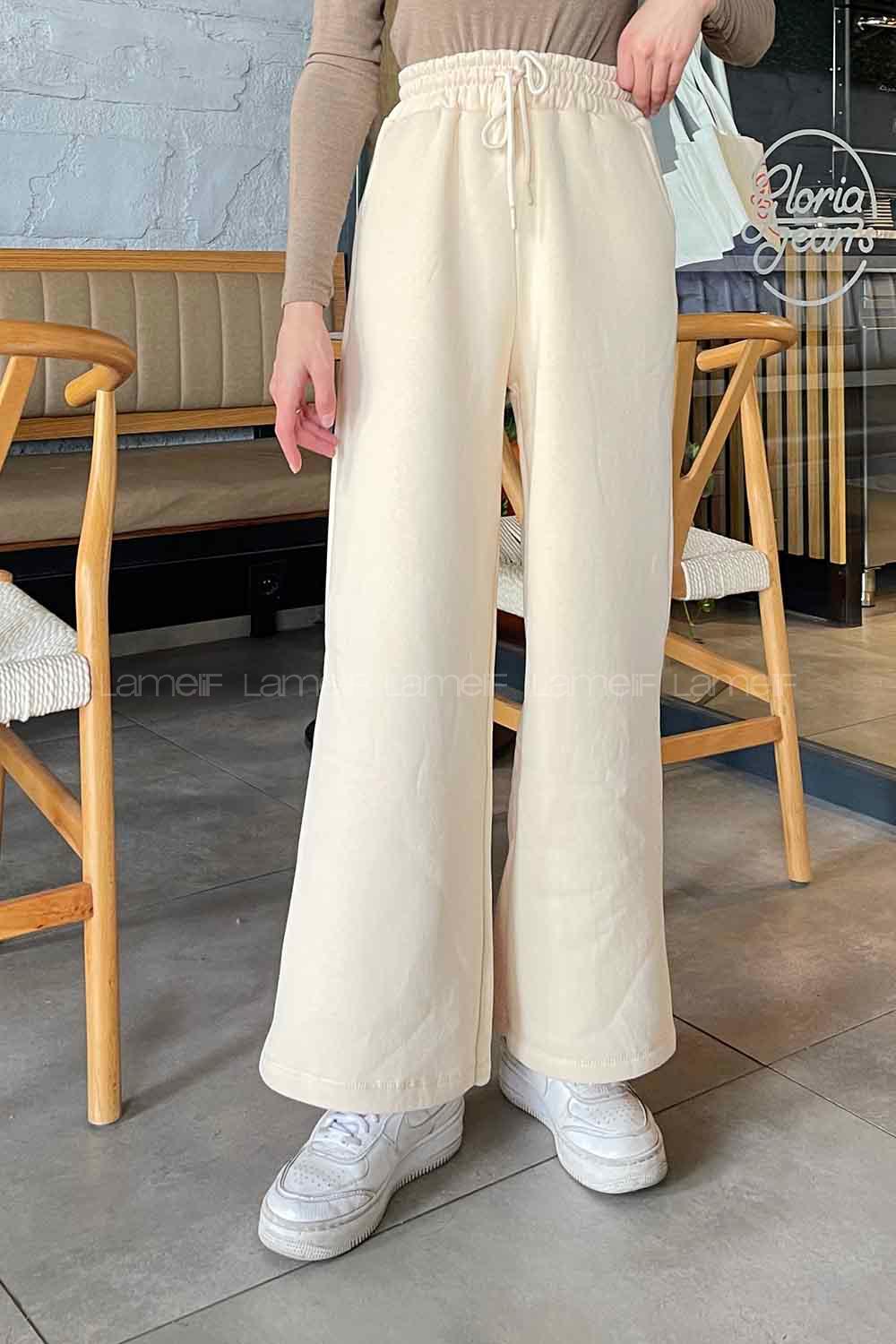 Lamelif Üç İplik Bol Paça Eşofman Altı Krem