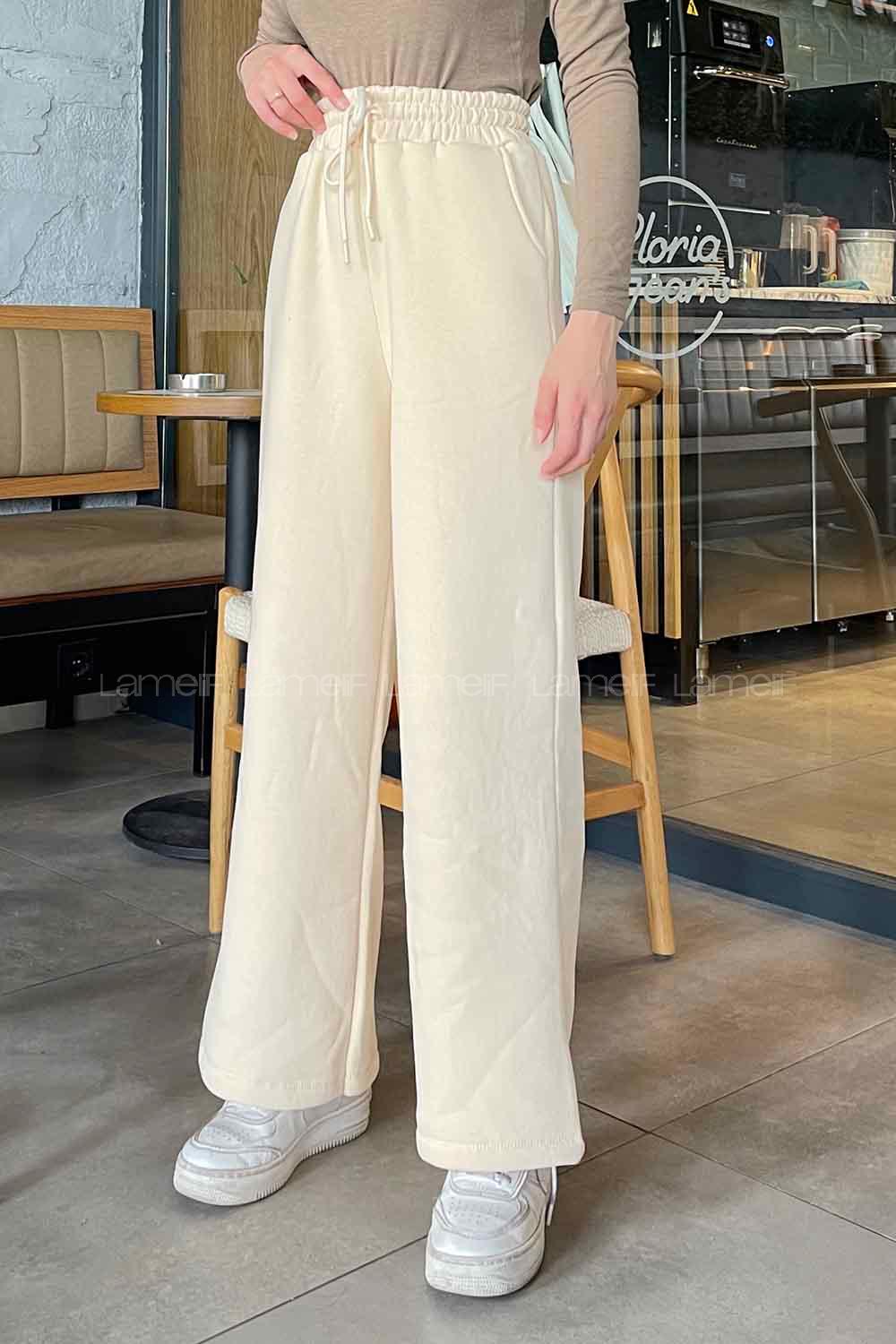 Lamelif Üç İplik Bol Paça Eşofman Altı Krem