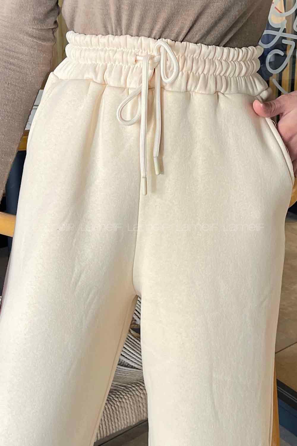 Lamelif Üç İplik Bol Paça Eşofman Altı Krem