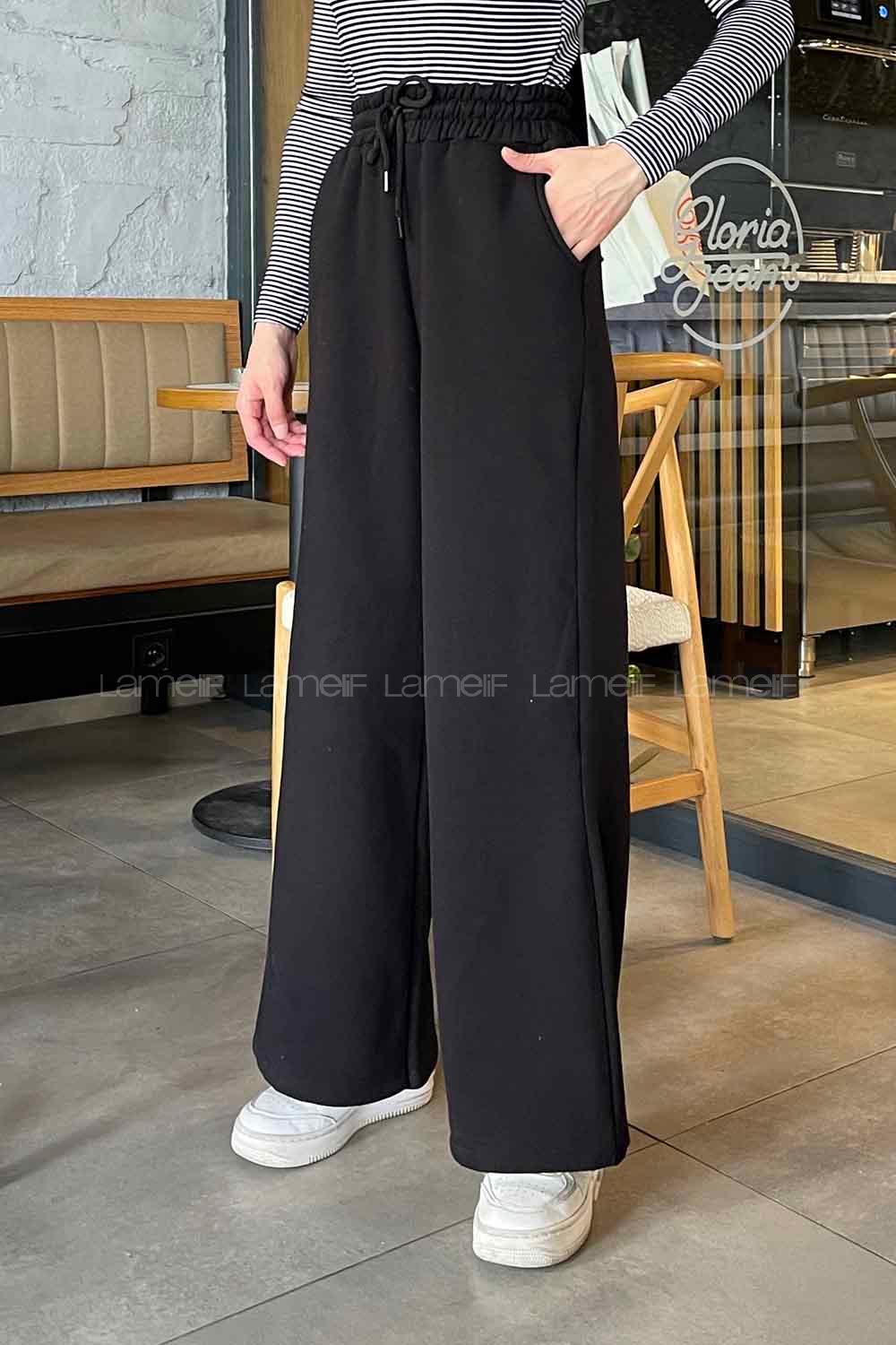 Lamelif Üç İplik Bol Paça Eşofman Altı Siyah