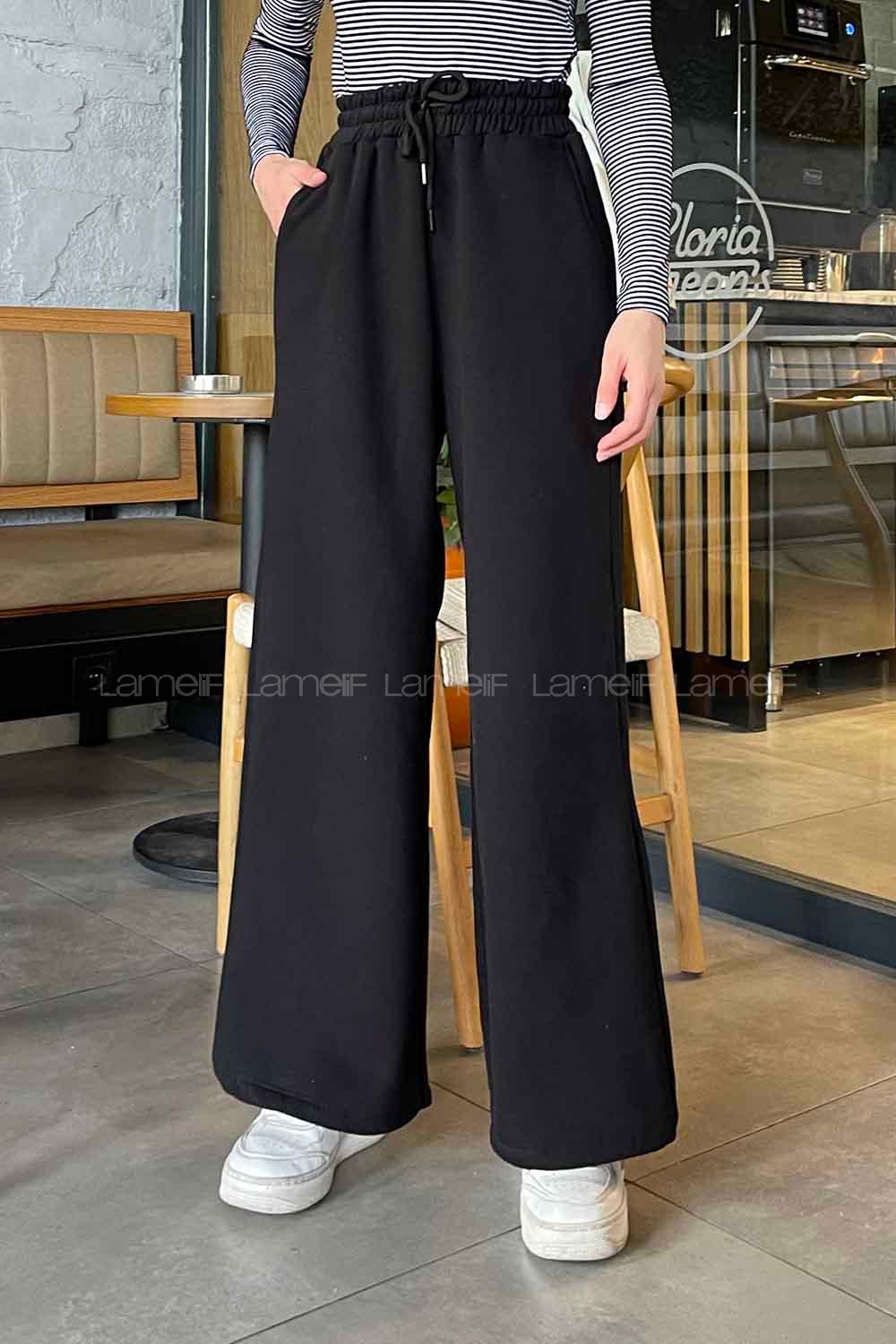 Lamelif Üç İplik Bol Paça Eşofman Altı Siyah