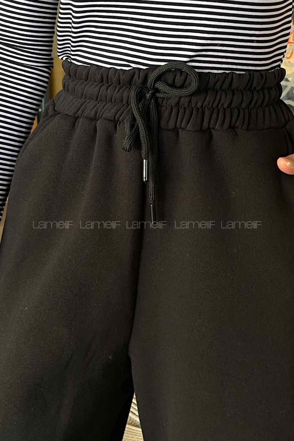 Lamelif Üç İplik Bol Paça Eşofman Altı Siyah