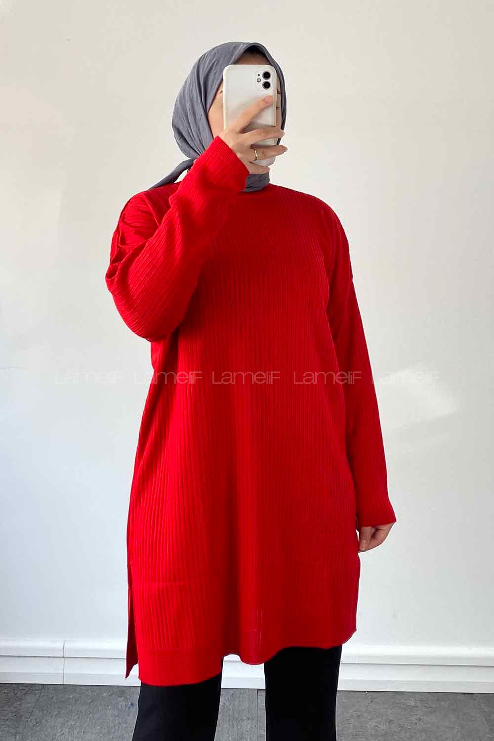 Red Mock Turtle Neck Knitwear Tunic