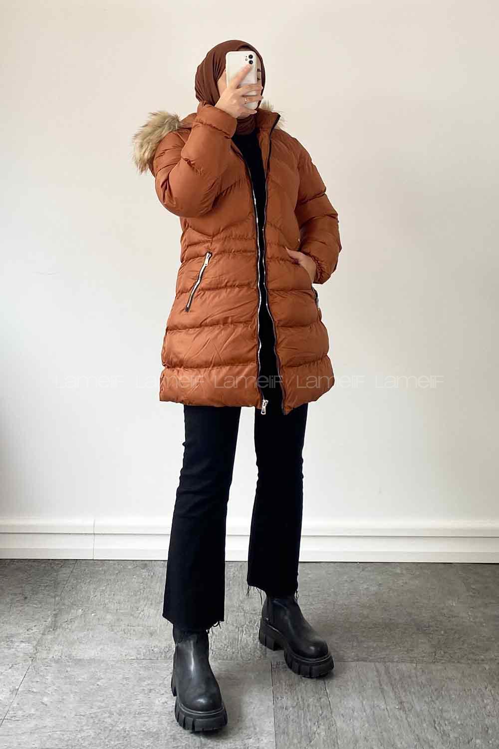 Lamelif Kapüşonu Kürk Detaylı Şişme Mont Taba