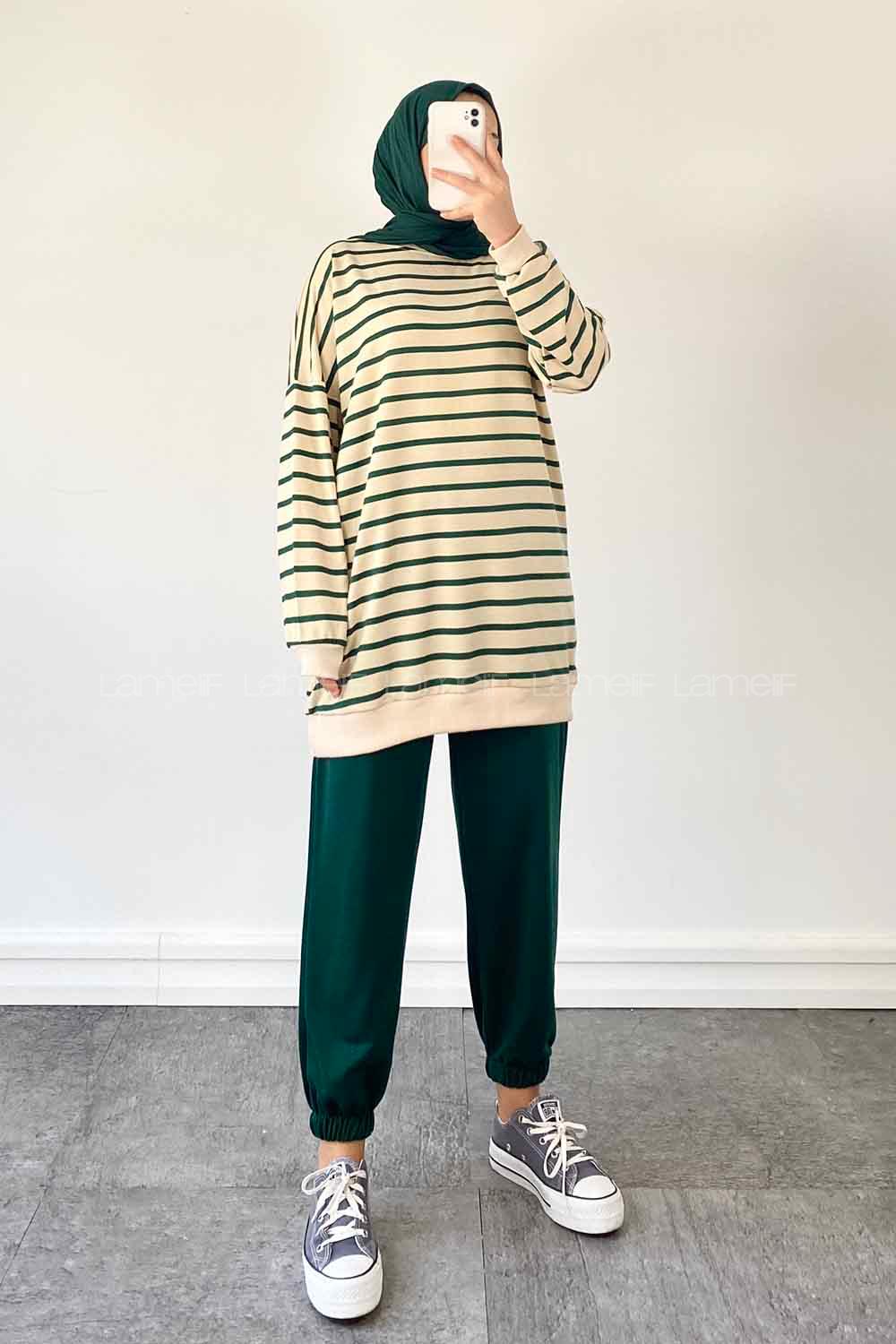 Lamelif Daisy  Bisikilet Yaka Çizgili Tesettür Takım Zümrüt