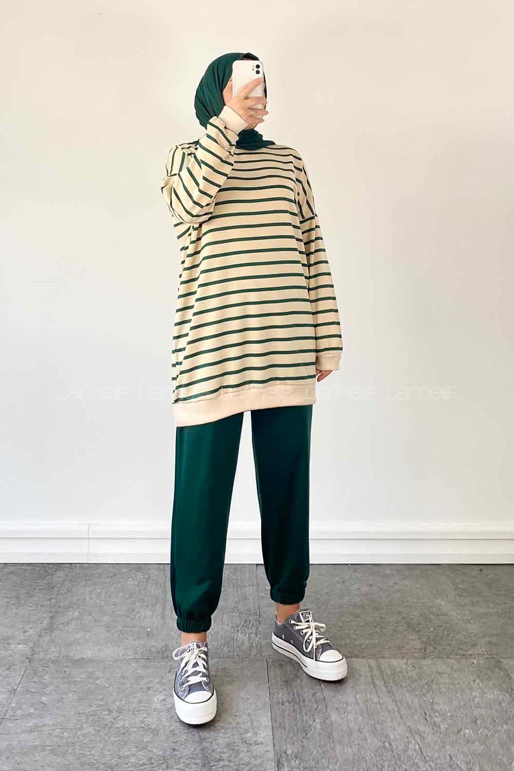 Lamelif Daisy  Bisikilet Yaka Çizgili Tesettür Takım Zümrüt