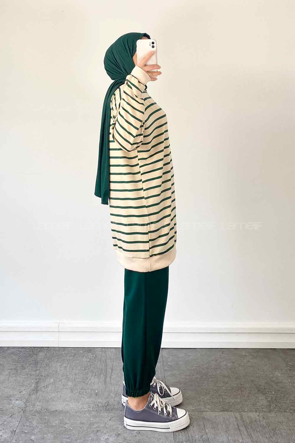 Lamelif Daisy  Bisikilet Yaka Çizgili Tesettür Takım Zümrüt