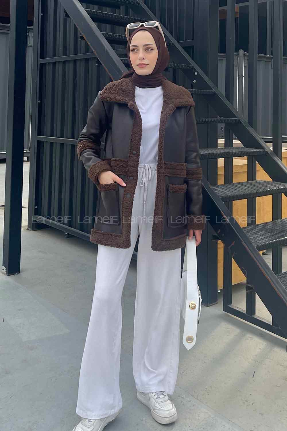 Bitter Brown Lower V Neck Faux Leather Coat