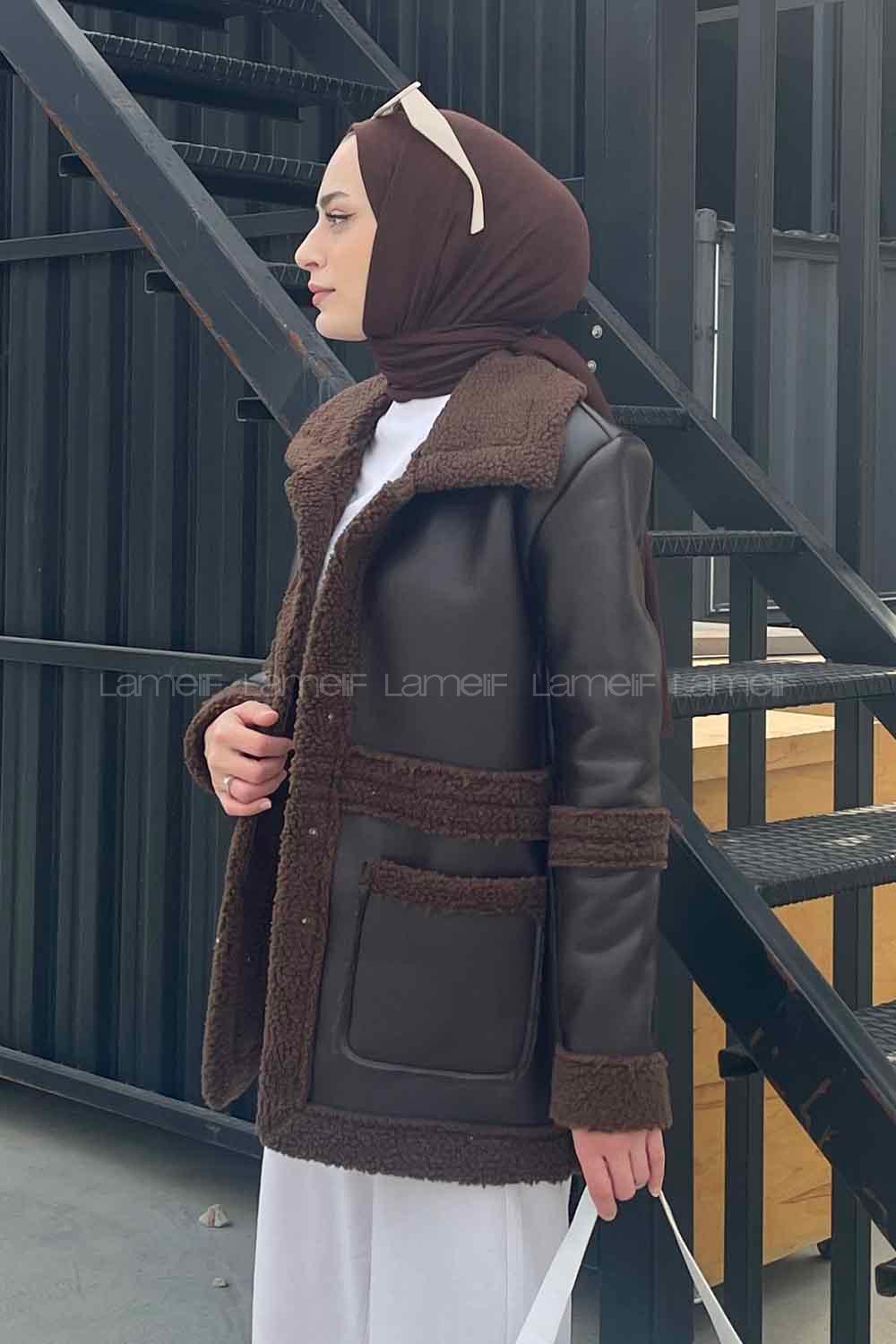 Bitter Brown Lower V Neck Faux Leather Coat