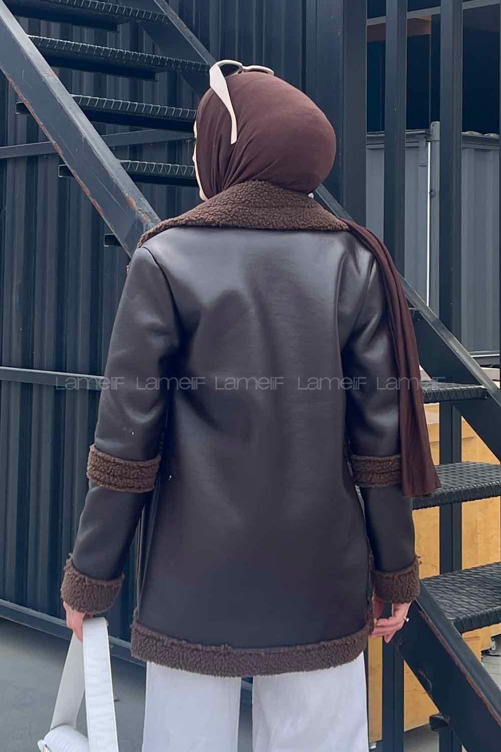 Bitter Brown Lower V Neck Faux Leather Coat